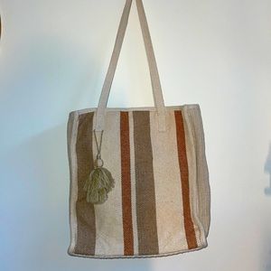 Linen Striped Boho Tote with Tassel